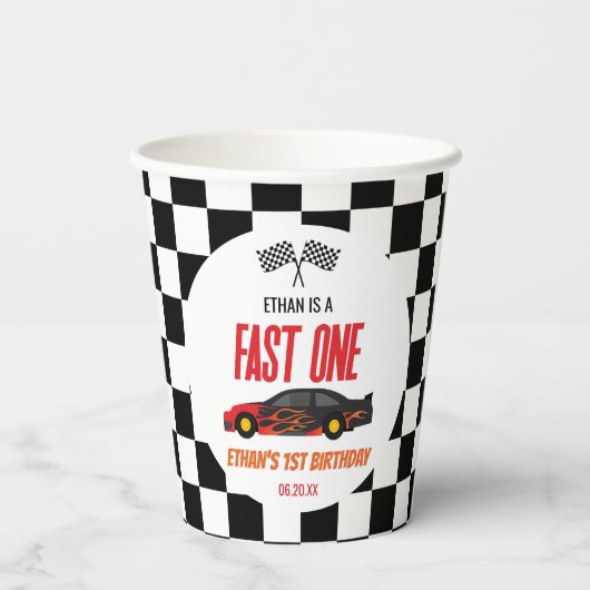 Fast One Red Flame Race Car 1st Birthday Party Pappbecher (Rückseite)