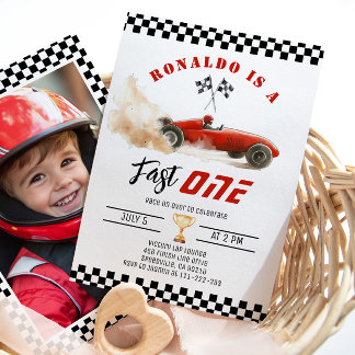 Fast One Red Race Car Boy 1. Geburtstag Foto Einladung