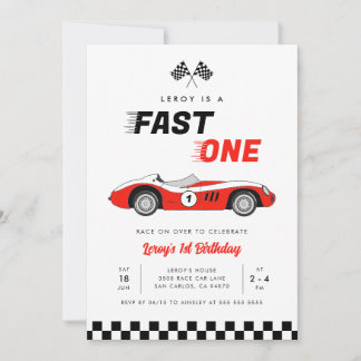 Fast One Red Vintag Race Car Boy 1. Geburtstag Einladung