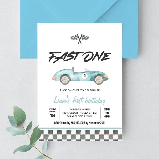 Fast One Vintag Race Car 1. Geburtstag Einladung