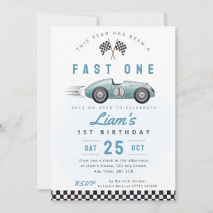 Fast One Vintage Auto 1. Geburtstagseinladung BLAU Einladung