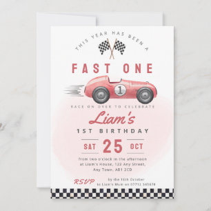 Fast One Vintage Auto 1. Geburtstagseinladung ROT Einladung