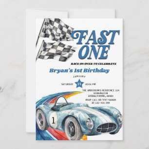 Fast One Vintage Blaues Rennwagen Junge Erster Geb Einladung
