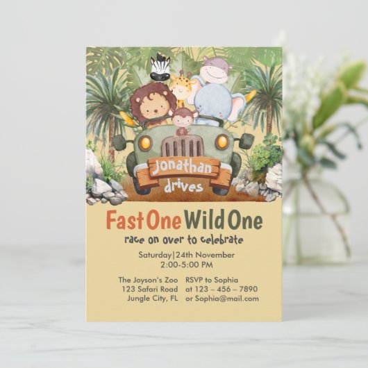 Fast One Wild One Safari Animals Auto 1. Geburtsta Einladung (Stehend Vorderseite)