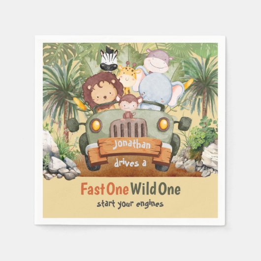 Fast One Wild One Safari Animals Auto 1. Geburtsta Serviette (Vorderseite)