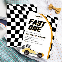 Fast One Yellow Race Car Geburtstagsparty Einladung