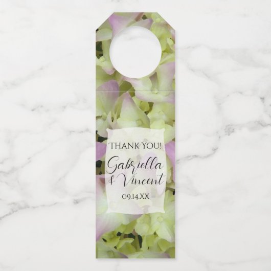 Fast Pink Hydrangea-Blume Hochzeit Flaschenanhänger (Vorderseite)