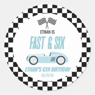 Fast & Six Blue Race Car 6. Geburtstagsparty Runder Aufkleber