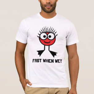 Fasten Sie, wenn naß - roter Schwimmen-Charakter T-Shirt