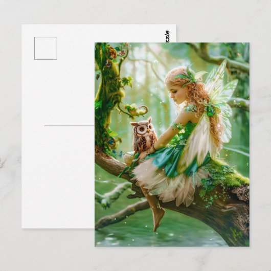 Faszinierende Fee mit Eule im Wald Postkarte (Vorne/Hinten)