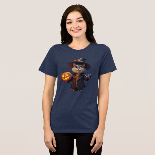 Faszinierende Halloween-Katze mit Jack-o'-Lantern  Tri-Blend Shirt (Vorderseite voll)