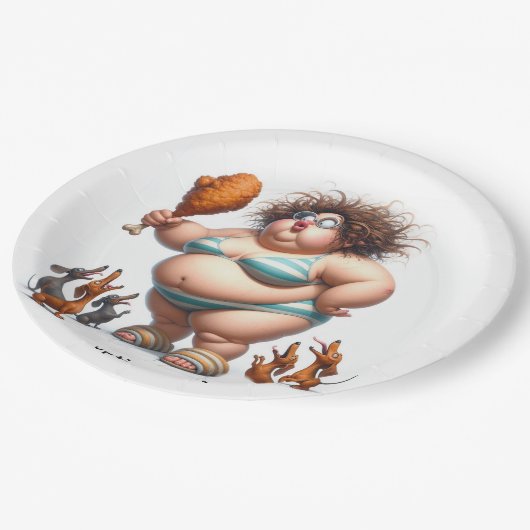 Fat Animated Girl Essen Freund Huhn Pappteller (Schrägansicht)