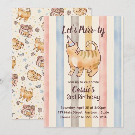 Fat Orange Watercolor Cat Birthday Collection Einladung (Vorne/Hinten)