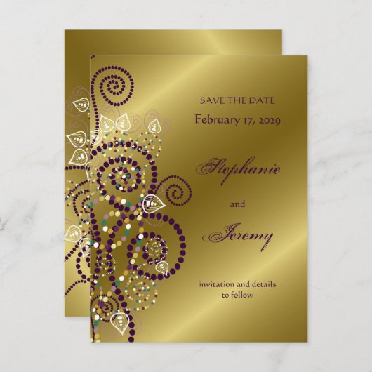 Fatatin Boho Lila Spirals Gold Save the Date Ankündigungspostkarte (Vorne/Hinten)