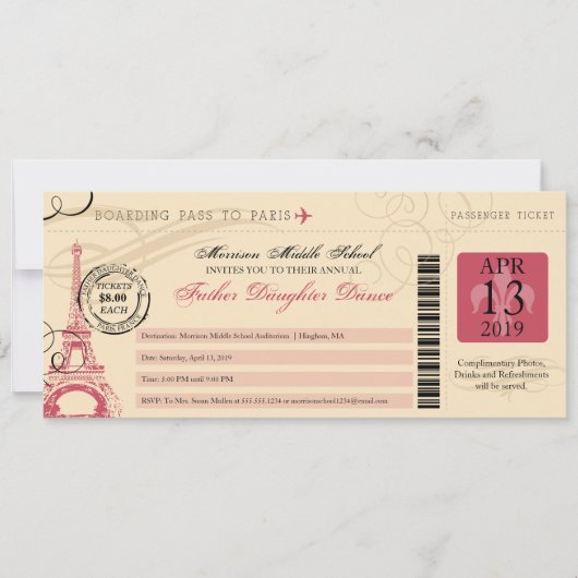 Father Daughter Dance Vintag Paris Boarding Pass Einladung (Vorderseite)