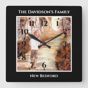 Father Daughter Walk Autumn Trail Watercolor Quadratische Wanduhr