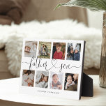 Father Son Heart Script | Foto Grid Collage Fotoplatte<br><div class="desc">Ein besonderes und unvergessliches Foto-Collage Geschenk für Vater und Sohn. Das Design verfügt über ein 8-Foto-Collage-Layout, mit dem acht eigene Vater- und Sohn-Fotos angezeigt werden können. "Pater Son" ist in einem stilvollen schwarzen Pinselskript und in der Kalligraphie des Herzens entworfen und mit Vater- und Sohn-Namen versehen. Schicken Sie sich und...</div>