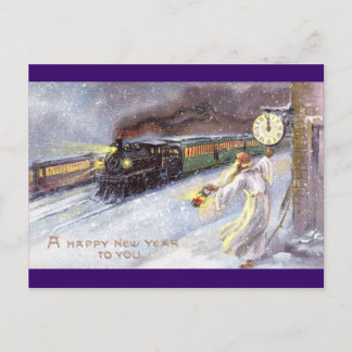 Father Time & Train Vintage Neujahr Feiertagspostkarte