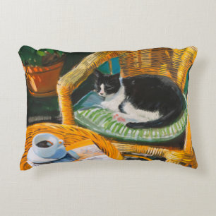 Fauler Sonntagmorgen   Gemütliche Katze und Kaffee Dekokissen