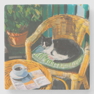 Fauler Sonntagmorgen   Gemütliche Katze und Kaffee Steinuntersetzer