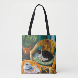 Fauler Sonntagmorgen Gemütliche Katze und Kaffee Tasche