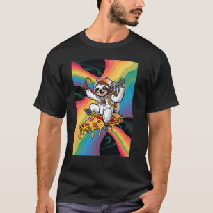 Faultier-Astronaut reitet auf einer Pizza und hält T-Shirt