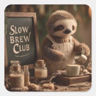 Faultier-Barista "Slow Brew Club"-Café-Illustratio Quadratischer Aufkleber