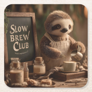 Faultier-Barista "Slow Brew Club"-Café-Illustratio Rechteckiger Pappuntersetzer