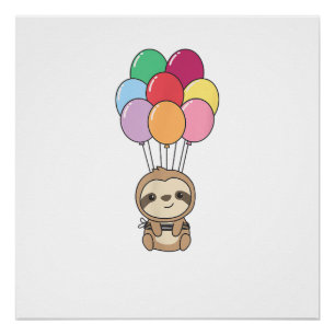 Faultier fliegt mit farbenfrohen Ballons Kawaii Fa Poster