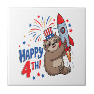 Faultier Frohes 4. Juli Raketenfeuerwerk USA Fliese