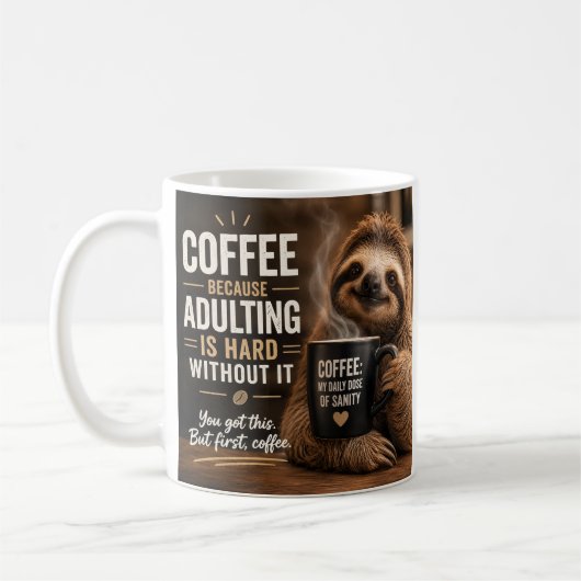 Faultier mit interessanter Aussicht auf Kaffee Kaffeetasse (Links)