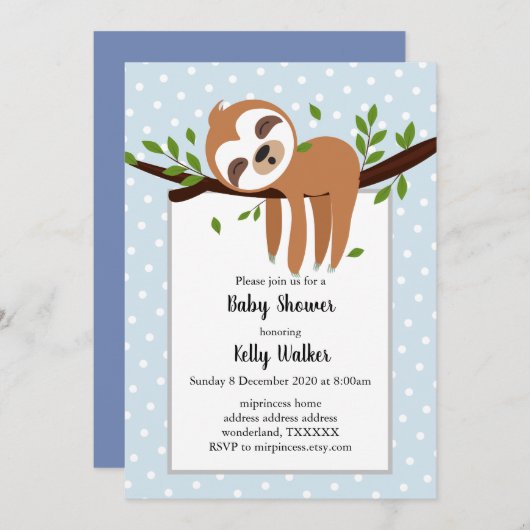 Faultier, niedliches Faultier, Tierdarstellung Einladung (Vorne/Hinten)