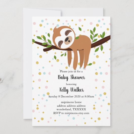 Faultier, niedliches Faultier, Tierdarstellung Einladung (Vorderseite)