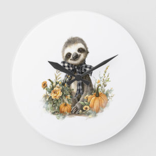 Faultier-Shirt Tiere Herbst Kürbis Große Wanduhr