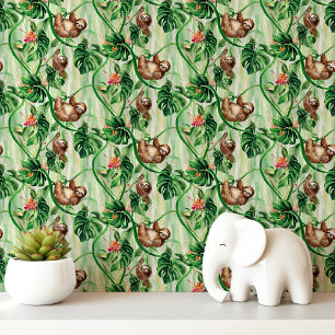 Faultier und tropische Blätter Tapete