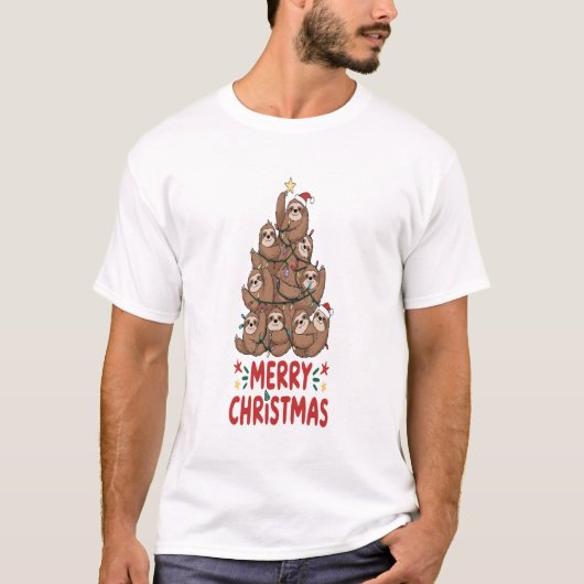 Faultier-Weihnachtsbaum Frohe Feiertage T-Shirt (Vorderseite)
