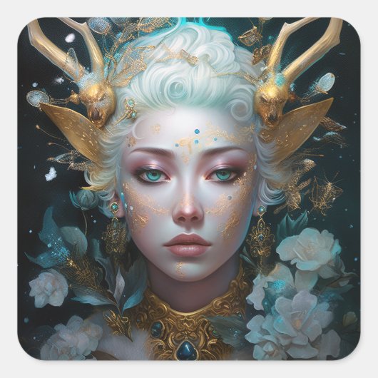 Faun Elf Woman Fantasy Art Quadratischer Aufkleber (Vorderseite)