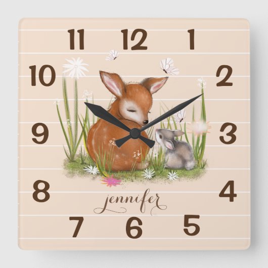 Fauna Bunny Butterfly Wall Clock Quadratische Wanduhr (Vorderseite)