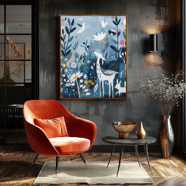 Fauna en el Bosque: Paisaje Folk y Naive Colorido Poster