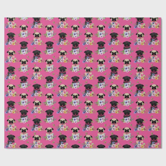 Fauna und Schwarze Möpsen in Blume auf rosa Gesche Geschenkpapier (Flach)
