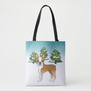 Fauna und White Boston Terrier in einem Winterwald Tasche