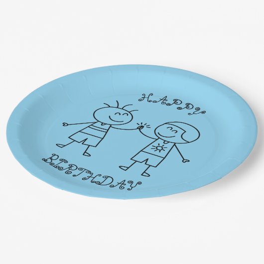 Faustblume zum Geburtstag blau Pappteller (Schrägansicht)