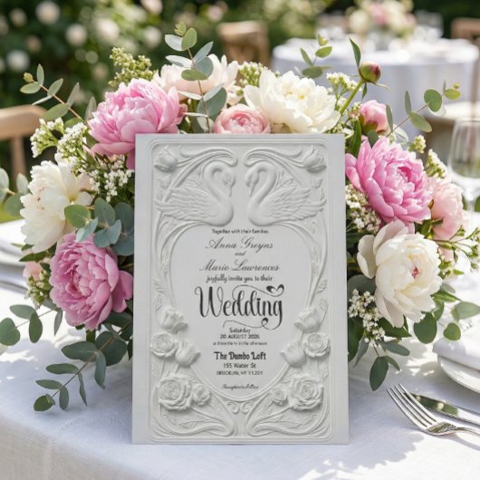 Faux 3D Embossed White Swan Floral Formal Wedding Einladung