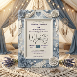 Faux 3D Relief Dusty Blue Floral Wedding  Einladung