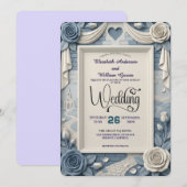 Faux 3D Relief Dusty Blue Floral Wedding  Einladung (Vorne/Hinten)