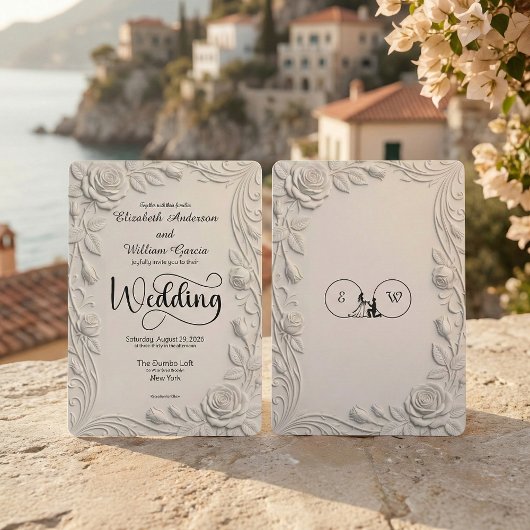 Faux 3D Sculpted Floral Bas Relief Ivory  Wedding Einladung