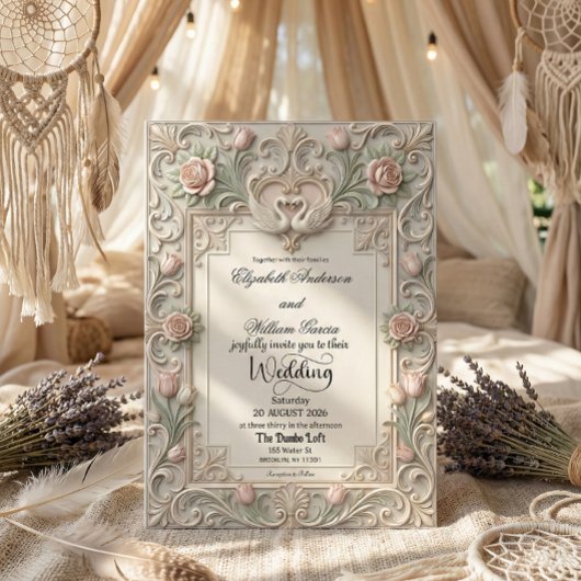 Faux Bas Relief 3D Sculpted Swans Einladung