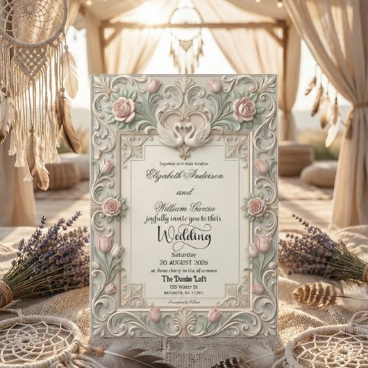 Faux Bas Relief 3D Sculpted Swans Einladung