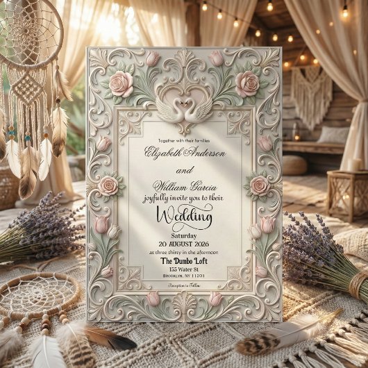 Faux Bas Relief 3D Sculpted Swans Einladung