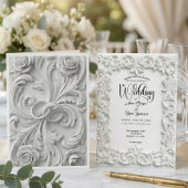 Faux Bas Relief Ornate White Wedding Invitation Einladung